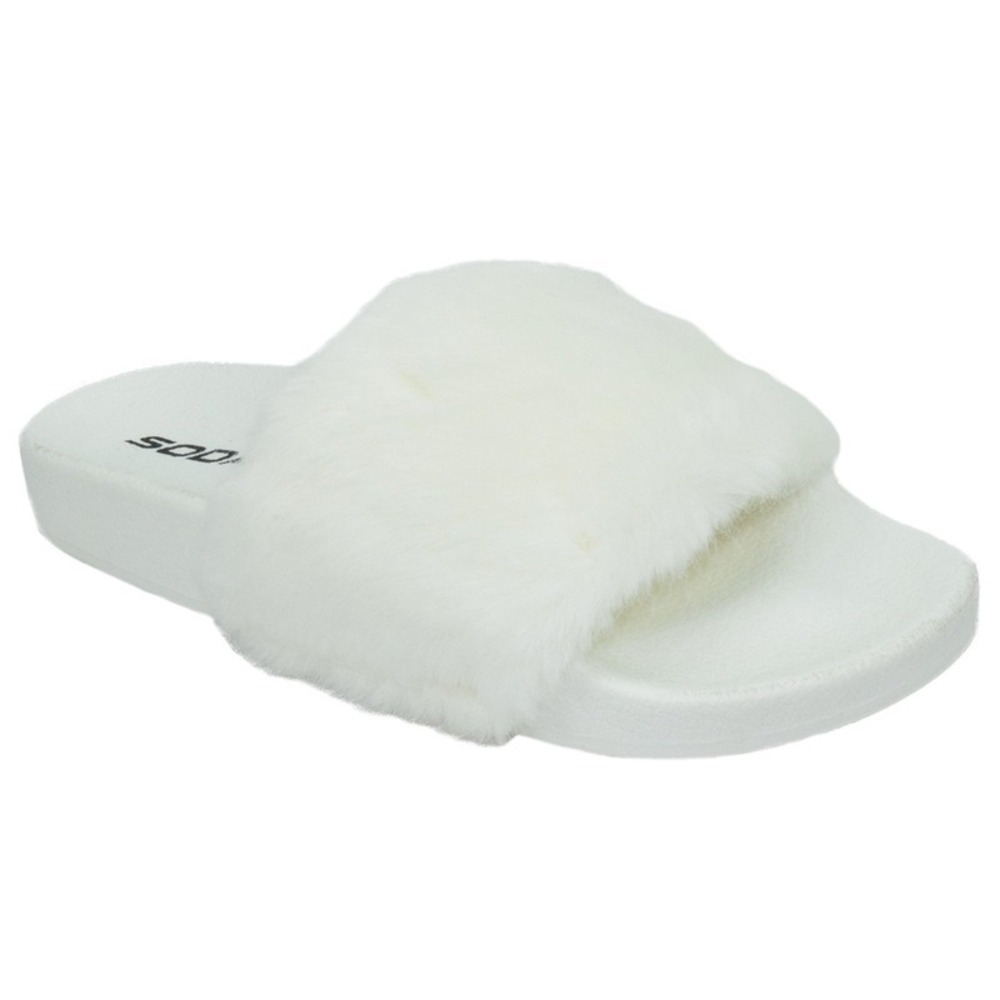 Women Fuzzy Slide Sandals White Faux Fur Slip on Slippers Flat Slides Soda SZ 11
